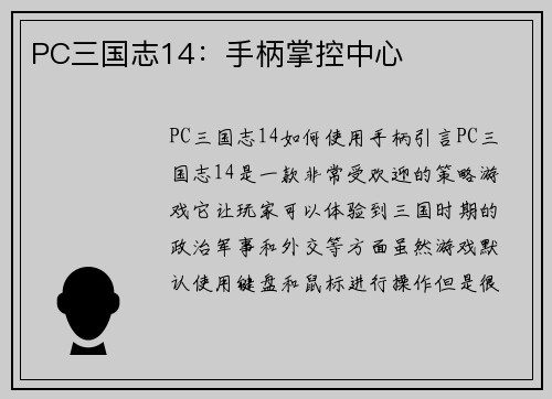 PC三国志14：手柄掌控中心